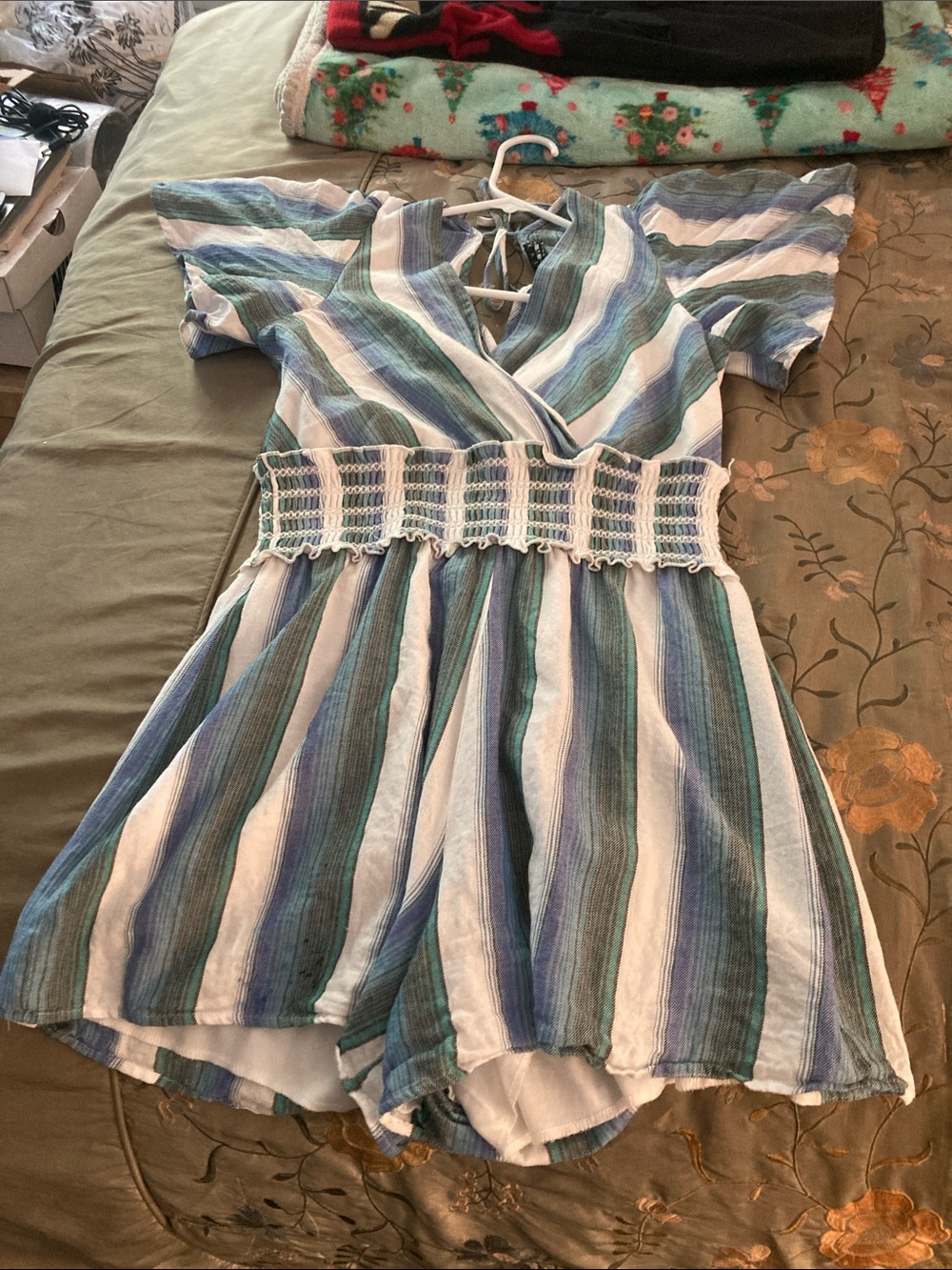 Trixxi Blue, Teal & White Striped Romper with Smocked Waist